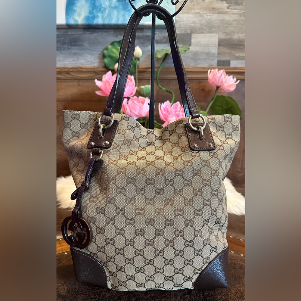 Auth Gucci GG Canvas Tote Shoulder Bag Brown/Goldtone Canvas/Leather